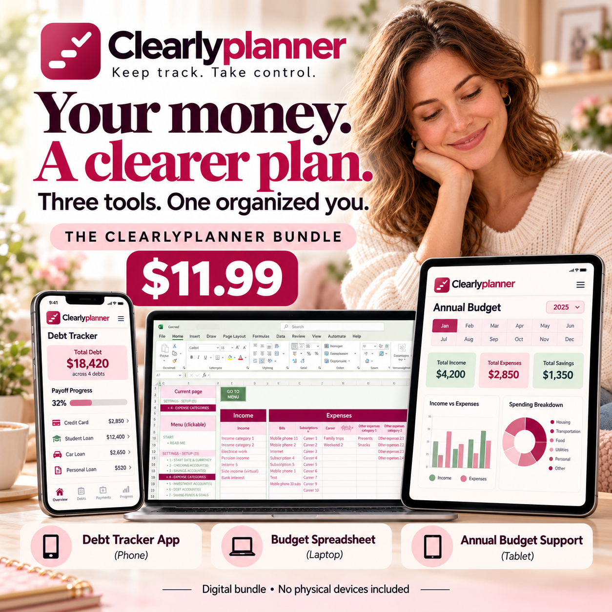 Clearlyplanner bundle with the Debt Tracker App on a phone, Budget Spreadsheet on a laptop, and Annual Budget Support on a tablet
