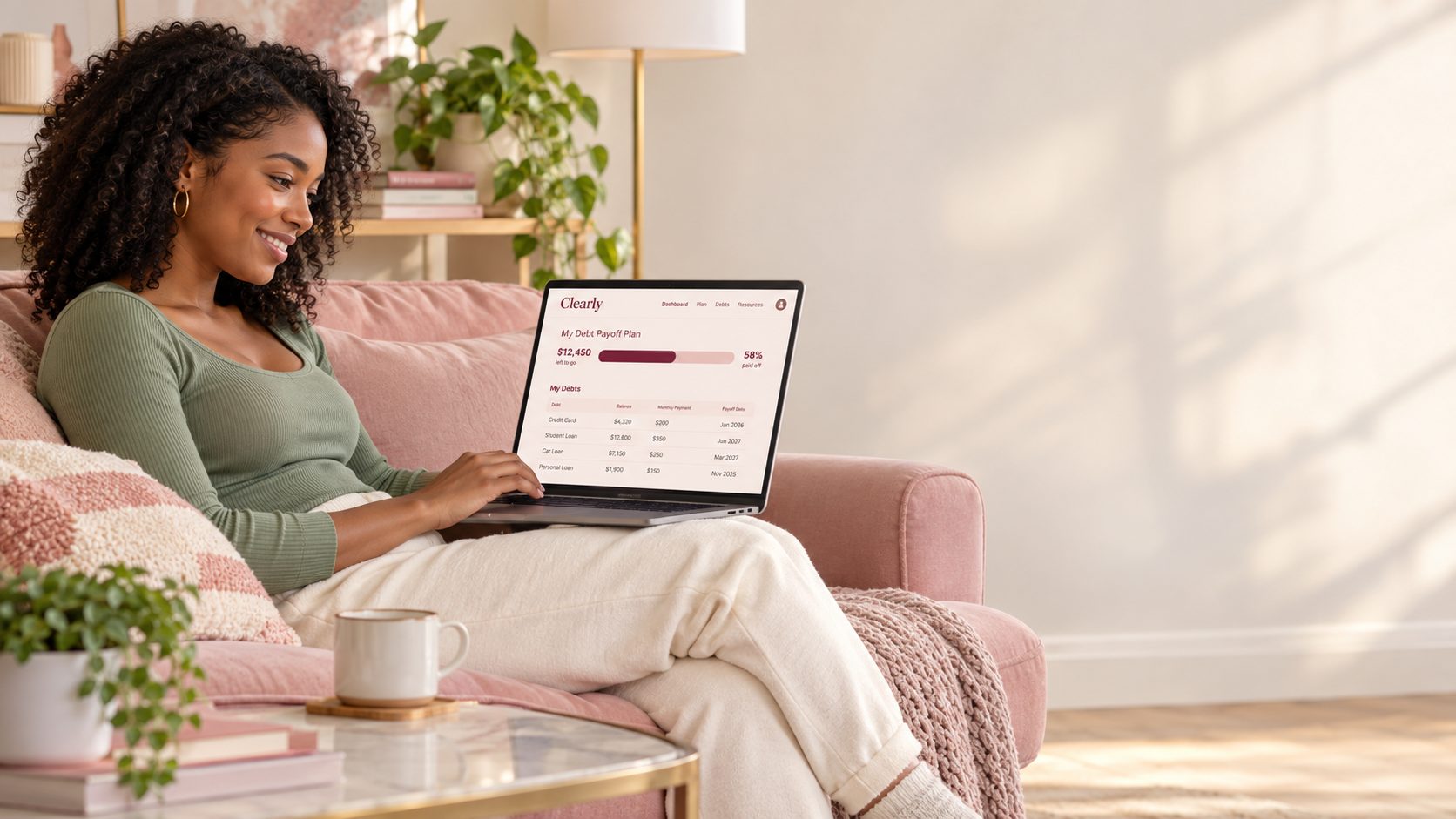 A woman comfortably reviewing her money plan on a laptop on her sofa
