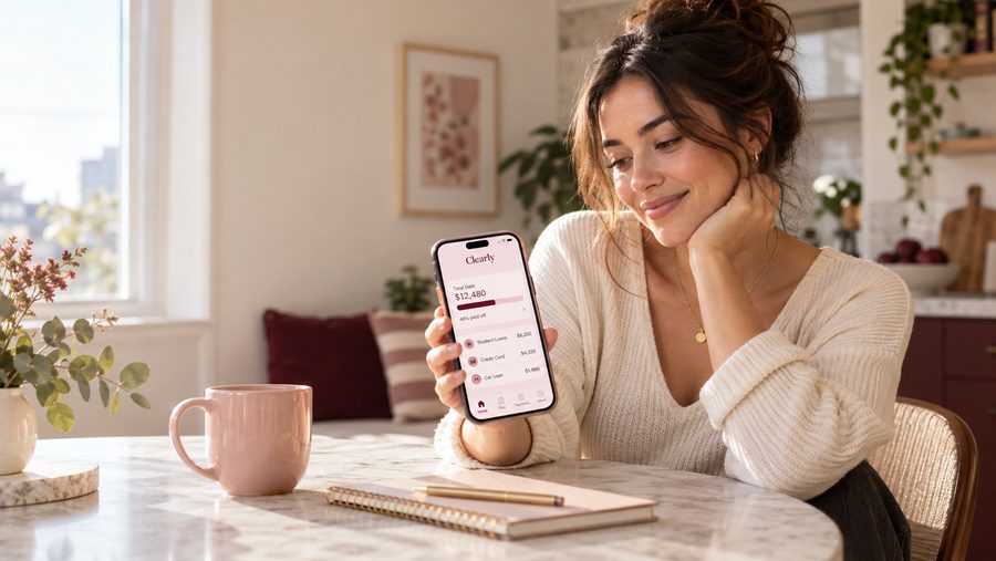 A woman taking a relaxed moment to review her debt plan on her phone